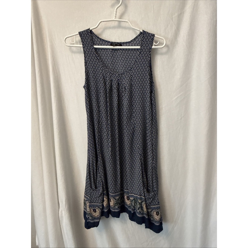 Papillon Womens M Blue White Paisley Border Print Sleeveless Boho Tunic Dress